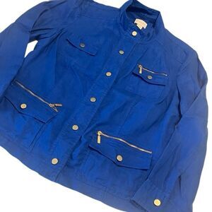 Chico's Vibrant Blue Linen Snap Front Pockets Jacket Size Medium